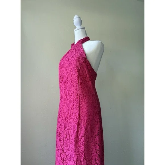 Zara Lace Halter Dress Womens Medium Pink Fuchsia Midi‎ Floral Open Back Pencil - Picture 3 of 16